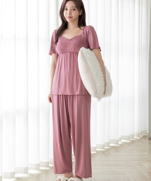 ラクシアスリープ》ナイトブラキャミ半袖フレア&ロングパンツ（ルーム