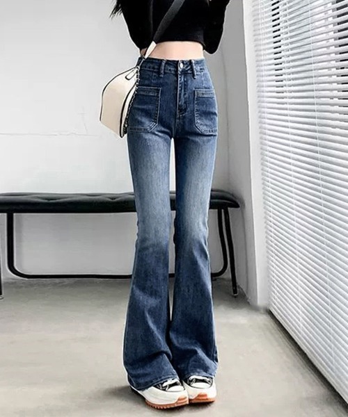 ミッドライズ セミフレア デニム 2色 韓国 ルーズ パンツ nr8999 ミッドライズ セミフレア デニム 韓国 ルーズ パンツ 2色 hr8999