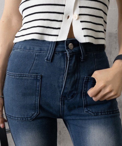 Miniministore(ミニミニストア)の「韓国風セミフレアデニムパンツ レディース(デニムパンツ・レディース・インディゴブルー・L/S/XL/M)」の14枚目の写真