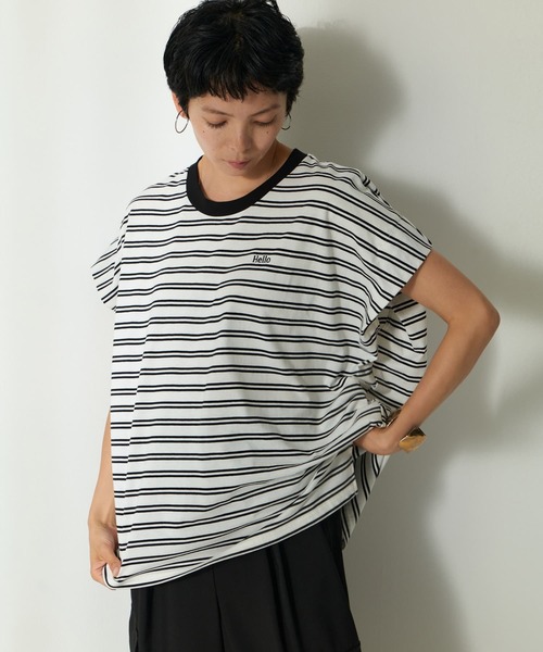 Brown&Street(ブラウンアンドストリート)の「HelloボーダーT(Tシャツ/カットソー・レディース・ブラック/ホワイト・FREE)」の1枚目の写真