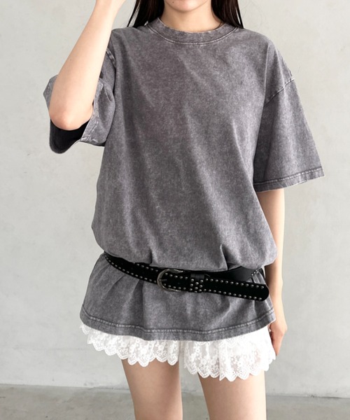 Bamm(バム)の「ヴィンテージ加工ピグメント半袖Tシャツ(Tシャツ/カットソー・レディース・グレー/ブルー/ブラック/カーキ/ベージュ・M/L/XL)」の2枚目の写真