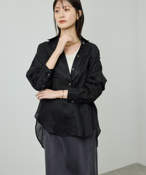 ROPE'(ロペ)の「ヨーロピアンリネンレギュラーシャツ/イージーケア(シャツ/ブラウス・レディース・ブラック/ネイビー/ブラウン/オフホワイト・FREE)」の3枚目の写真