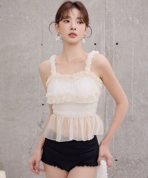 TeddyShop（テディショップ）の「【脚長ハイウエスト】レディース水着 異素材MIX ビスチェ風  シャイニー チュール ペプラム フリル ビキニ 上下2点セット（水着・レディース・ブラウン/ホワイト×ブラック/カーキ/ブラック・S/M/L）」の2枚目の写真