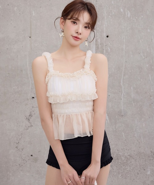 TeddyShop（テディショップ）の「【脚長ハイウエスト】レディース水着 異素材MIX ビスチェ風  シャイニー チュール ペプラム フリル ビキニ 上下2点セット（水着・レディース・ブラウン/ホワイト×ブラック/カーキ/ブラック・S/M/L）」の22枚目の写真