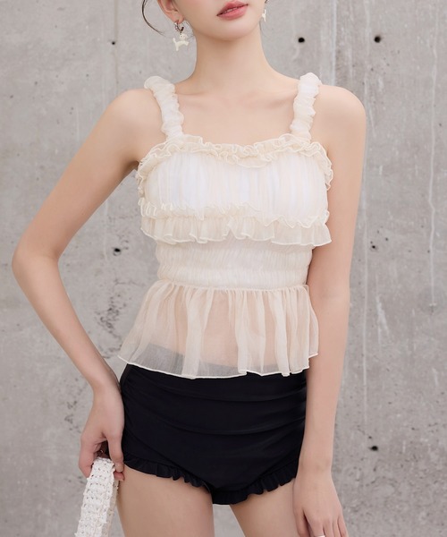 TeddyShop（テディショップ）の「【脚長ハイウエスト】レディース水着 異素材MIX ビスチェ風  シャイニー チュール ペプラム フリル ビキニ 上下2点セット（水着・レディース・ブラウン/ホワイト×ブラック/カーキ/ブラック・S/M/L）」の20枚目の写真