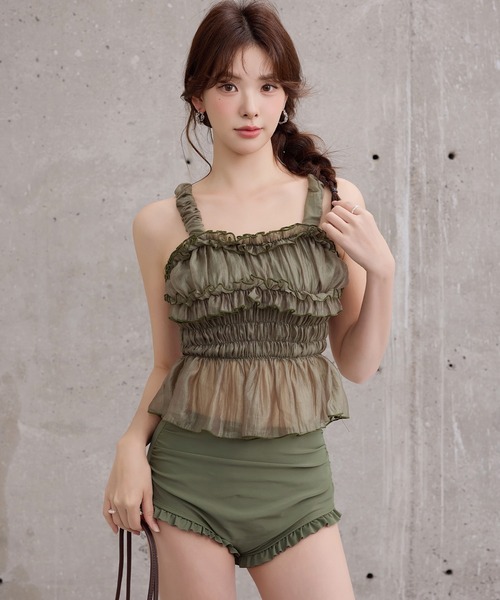 TeddyShop（テディショップ）の「【脚長ハイウエスト】レディース水着 異素材MIX ビスチェ風  シャイニー チュール ペプラム フリル ビキニ 上下2点セット（水着・レディース・ブラウン/ホワイト×ブラック/カーキ/ブラック・S/M/L）」の6枚目の写真