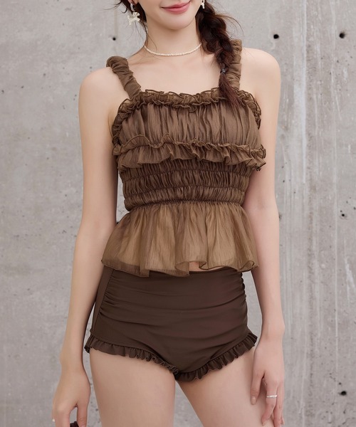 TeddyShop（テディショップ）の「【脚長ハイウエスト】レディース水着 異素材MIX ビスチェ風  シャイニー チュール ペプラム フリル ビキニ 上下2点セット（水着・レディース・ブラウン/ホワイト×ブラック/カーキ/ブラック・S/M/L）」の9枚目の写真