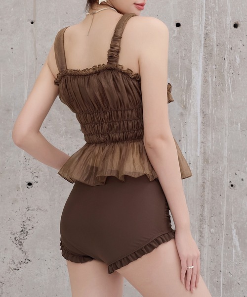 TeddyShop（テディショップ）の「【脚長ハイウエスト】レディース水着 異素材MIX ビスチェ風  シャイニー チュール ペプラム フリル ビキニ 上下2点セット（水着・レディース・ブラウン/ホワイト×ブラック/カーキ/ブラック・S/M/L）」の8枚目の写真