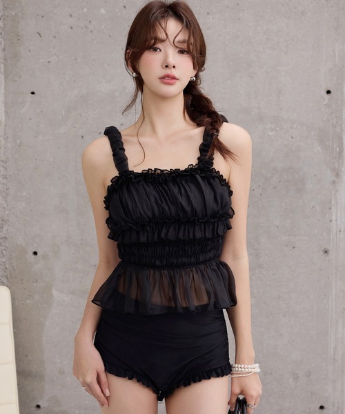 TeddyShop（テディショップ）の「【脚長ハイウエスト】レディース水着 異素材MIX ビスチェ風  シャイニー チュール ペプラム フリル ビキニ 上下2点セット（水着・レディース・ブラウン/ホワイト×ブラック/カーキ/ブラック・S/M/L）」の17枚目の写真