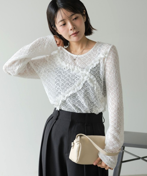 Bab(バブ)の「レースフリルシアーロングTシャツ(Tシャツ/カットソー・レディース・ブラック/オフホワイト・M)」の1枚目の写真