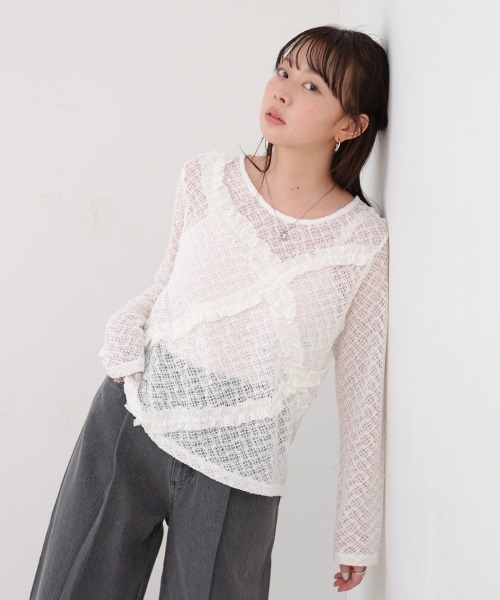 Bab(バブ)の「レースフリルシアーロングTシャツ(Tシャツ/カットソー・レディース・ブラック/オフホワイト・M)」の3枚目の写真