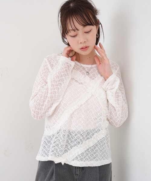 Bab(バブ)の「レースフリルシアーロングTシャツ(Tシャツ/カットソー・レディース・ブラック/オフホワイト・M)」の5枚目の写真