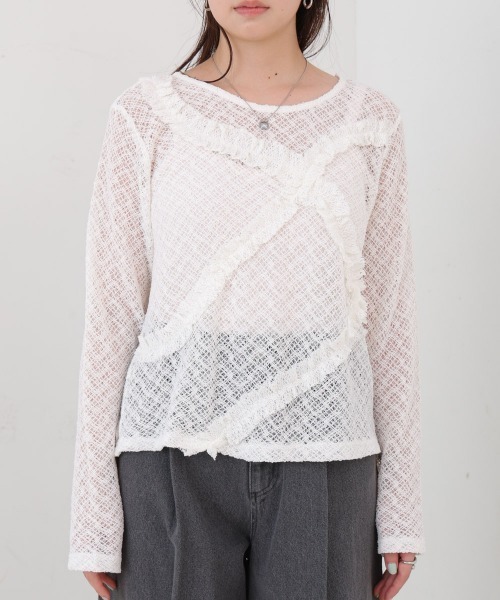 Bab(バブ)の「レースフリルシアーロングTシャツ(Tシャツ/カットソー・レディース・ブラック/オフホワイト・M)」の10枚目の写真