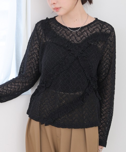 Bab(バブ)の「レースフリルシアーロングTシャツ(Tシャツ/カットソー・レディース・ブラック/オフホワイト・M)」の14枚目の写真
