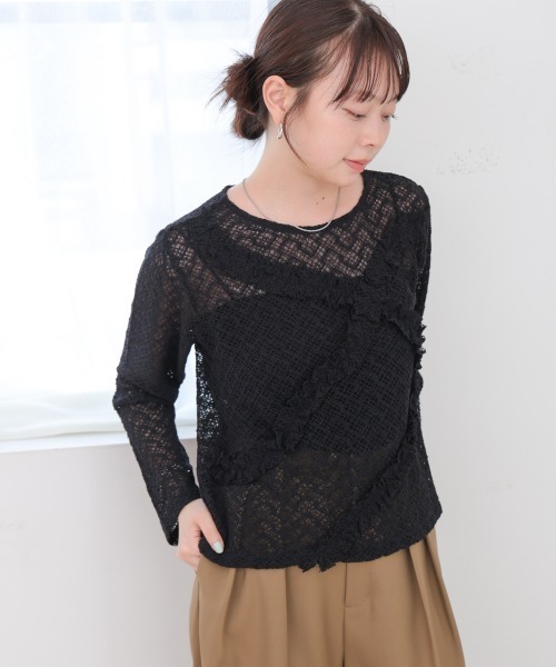 Bab(バブ)の「レースフリルシアーロングTシャツ(Tシャツ/カットソー・レディース・ブラック/オフホワイト・M)」の17枚目の写真