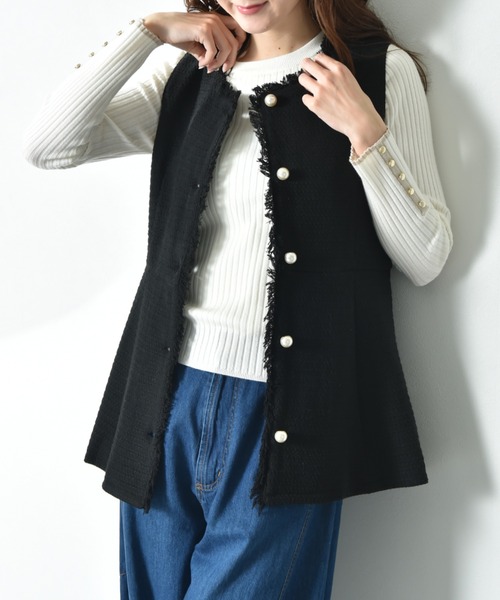 INTERPLANET（インタープラネット）の「ツイードペプラムパールボタンジレ（その他アウター・レディース・ブラック系その他/オフホワイト/ブラック・FREE）」の2枚目の写真