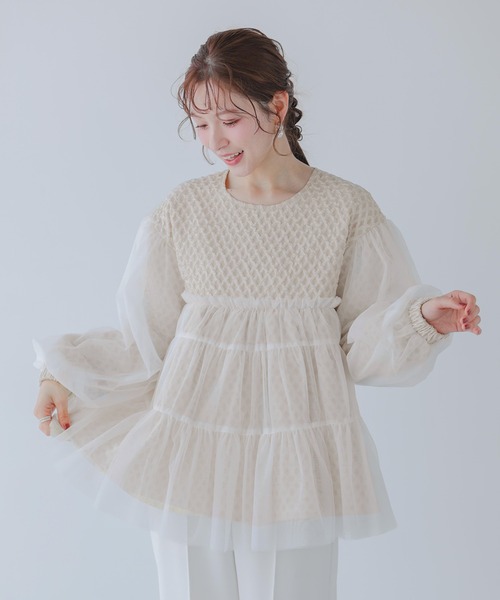 Fit more(フィットモア)の「ジャガード切替チュールトップス(その他トップス・レディース・ブラック/ベージュ/ホワイト・FREE)」の3枚目の写真