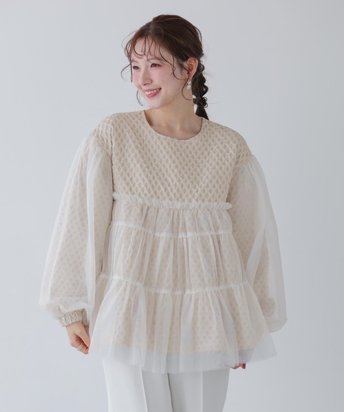 Fit more(フィットモア)の「ジャガード切替チュールトップス(その他トップス・レディース・ブラック/ベージュ/ホワイト・FREE)」の6枚目の写真