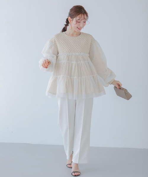 Fit more(フィットモア)の「ジャガード切替チュールトップス(その他トップス・レディース・ブラック/ベージュ/ホワイト・FREE)」の7枚目の写真