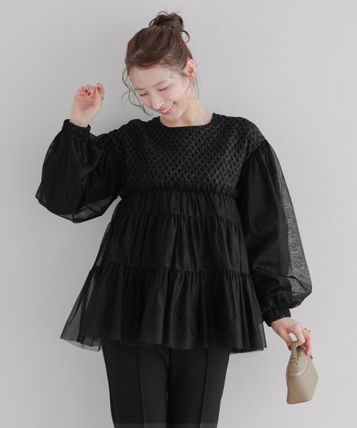Fit more(フィットモア)の「ジャガード切替チュールトップス(その他トップス・レディース・ブラック/ベージュ/ホワイト・FREE)」の9枚目の写真