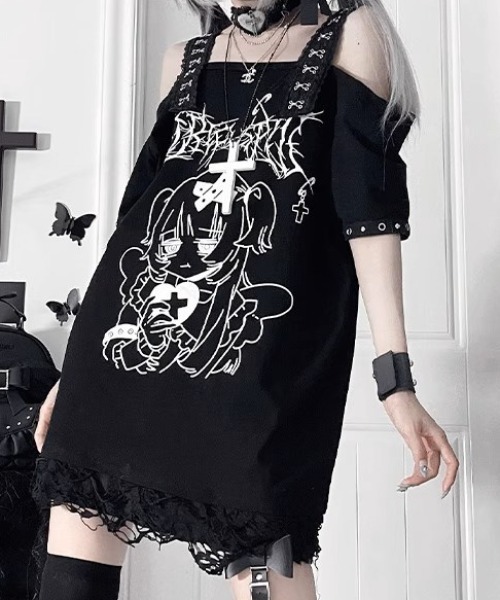 tシャツ A'GEM/9 × .kom 「TricuspidC/トライカスピッドシー」 †メンヘラエンジェルサスペンダー半袖Tシャツ† レディース A'GEM/9 × .kom 『TricuspidC/トライカスピッドシー』 †メンヘラ