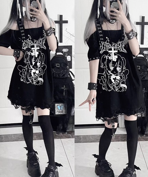 tシャツ A'GEM/9 × .kom 「TricuspidC/トライカスピッドシー」 †メンヘラエンジェルサスペンダー半袖Tシャツ† レディース A'GEM/9 × .kom 『TricuspidC/トライカスピッドシー』 †メンヘラ