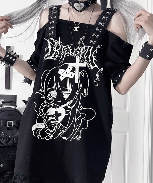 NOVESSEL(ノベセル)の「『TricuspidC/トライカスピッドシー』イラストプリントオフショルTシャツ(Tシャツ/カットソー・レディース・ホワイト/ブラック・S)」の5枚目の写真
