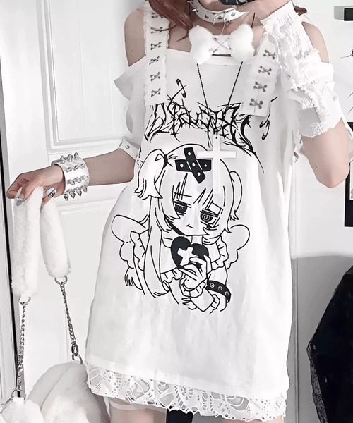 tシャツ A'GEM/9 × .kom 「TricuspidC/トライカスピッドシー」 †メンヘラエンジェルサスペンダー半袖Tシャツ† レディース A'GEM/9 × .kom 『TricuspidC/トライカスピッドシー』 †メンヘラ