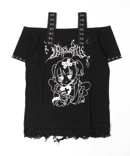 NOVESSEL(ノベセル)の「『TricuspidC/トライカスピッドシー』イラストプリントオフショルTシャツ(Tシャツ/カットソー・レディース・ホワイト/ブラック・S)」の9枚目の写真