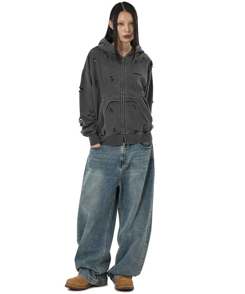 OY(オーワイ)の「『OY/オーワイ』PIGMENT DESTROYED HOODIE ZIP UP/ピグメントディストロイドジップアップパーカー(パーカー・レディース・ブラック・L/M)」の7枚目の写真