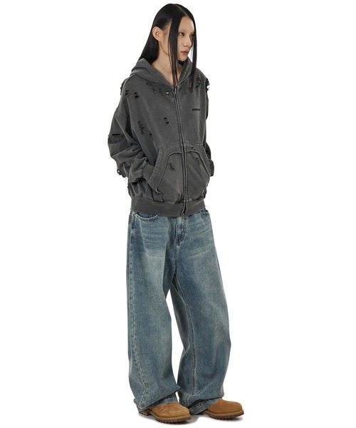 OY(オーワイ)の「『OY/オーワイ』PIGMENT DESTROYED HOODIE ZIP UP/ピグメントディストロイドジップアップパーカー(パーカー・レディース・ブラック・L/M)」の8枚目の写真