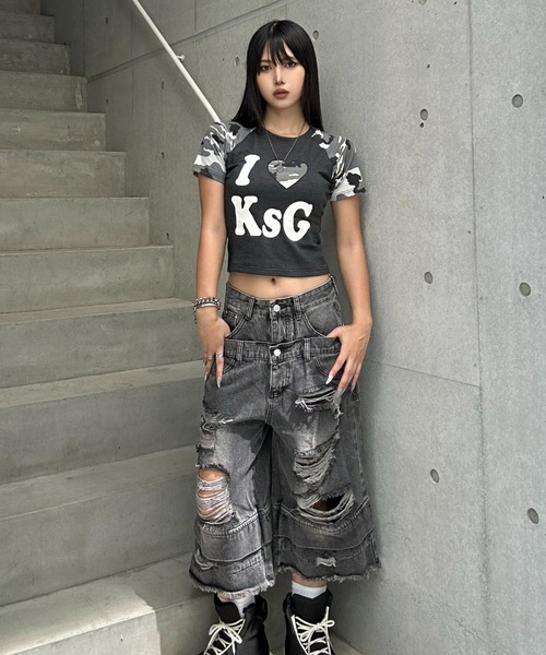 KsG(ケーエスジー)の「カモフラージュLOVEクロップドTシャツ(Tシャツ/カットソー・レディース・ホワイト/ブラック・SMALL/MEDIUM)」の19枚目の写真