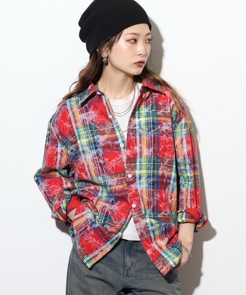 FUNALIVE（ファンアライブ）の「ABETTOR 絞り染め加工ルーズフィットチェックＬＳシャツ（シャツ/ブラウス・メンズ・レッド/ネイビー・XL/L/M）」の2枚目の写真