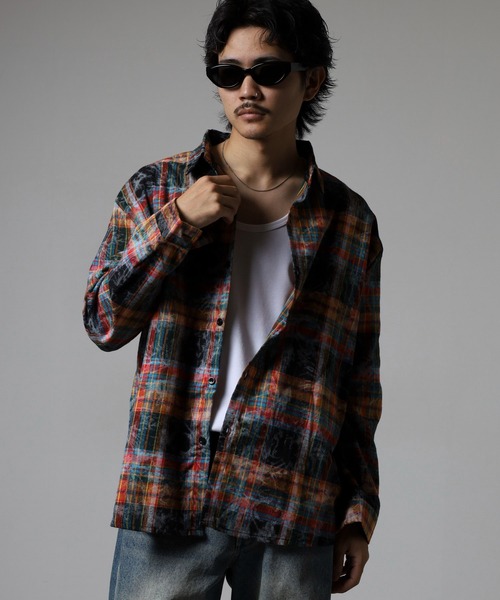 FUNALIVE（ファンアライブ）の「ABETTOR 絞り染め加工ルーズフィットチェックＬＳシャツ（シャツ/ブラウス・メンズ・レッド/ネイビー・XL/L/M）」の15枚目の写真