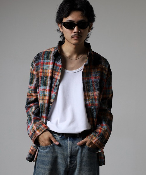 FUNALIVE（ファンアライブ）の「ABETTOR 絞り染め加工ルーズフィットチェックＬＳシャツ（シャツ/ブラウス・メンズ・レッド/ネイビー・XL/L/M）」の14枚目の写真