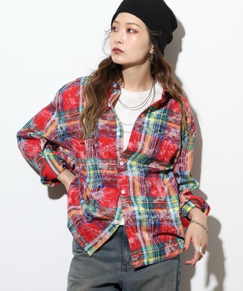 FUNALIVE（ファンアライブ）の「ABETTOR 絞り染め加工ルーズフィットチェックＬＳシャツ（シャツ/ブラウス・メンズ・レッド/ネイビー・XL/L/M）」の18枚目の写真