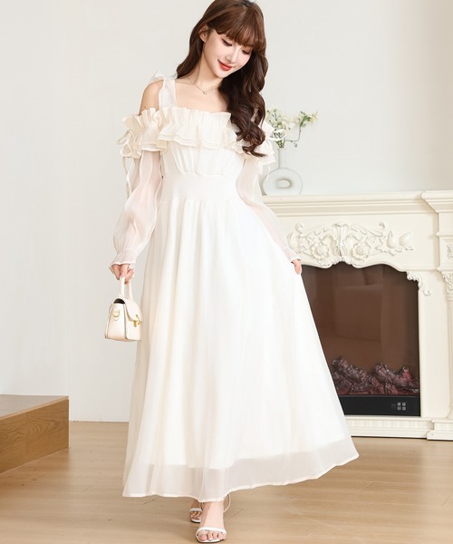 セール】オフショル シフォン フリル ロング ワンピース（ワンピース