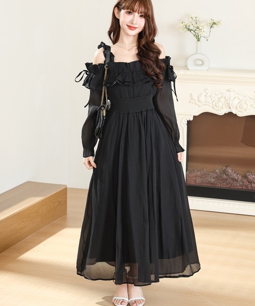 オフショル シフォン フリル ロング ワンピース（ワンピース）｜Anely