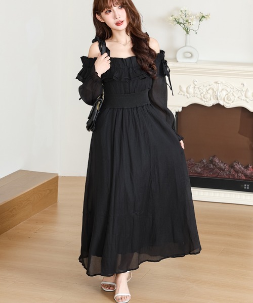 セール】オフショル シフォン フリル ロング ワンピース（ワンピース