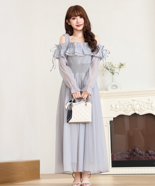 セール】オフショル シフォン フリル ロング ワンピース（ワンピース