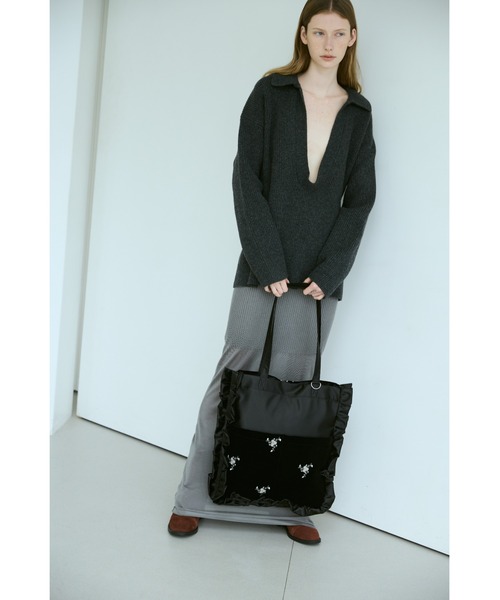 刺繍ベロアフリル2ポケットトート / A4、14インチのPC収納可能