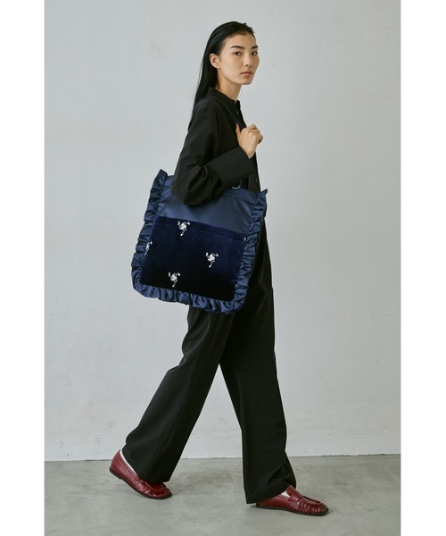 刺繍ベロアフリル2ポケットトート / A4、14インチのPC収納可能