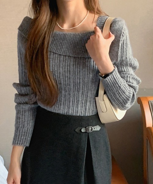 ReRe(リリ)の「ワイドカラーリブニットトップス(ニット/セーター・レディース・カーキ/ブラック/オフホワイト/グレー・FREE)」の11枚目の写真