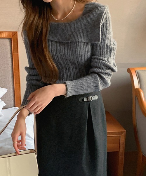 ReRe(リリ)の「ワイドカラーリブニットトップス(ニット/セーター・レディース・カーキ/ブラック/オフホワイト/グレー・FREE)」の14枚目の写真