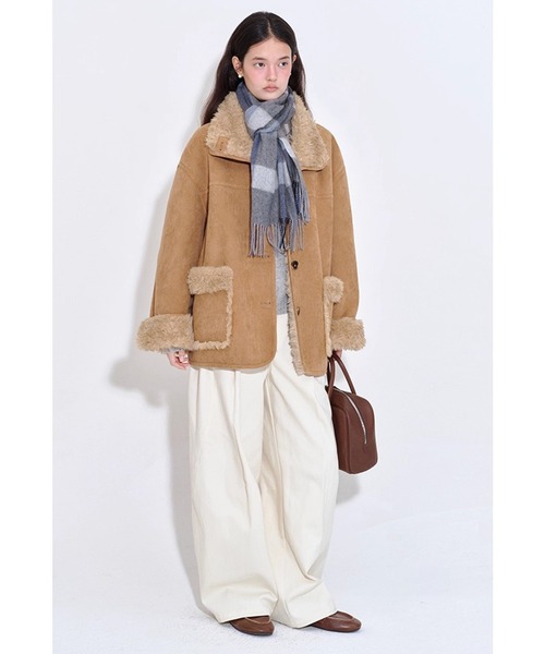 スタンドカラー フェイクファーラペル ムートンジャケット FQ25W136