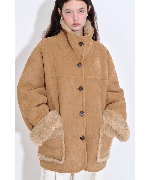 セール】スタンドカラー フェイクファーラペル ムートンジャケット