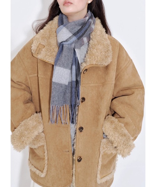 セール】スタンドカラー フェイクファーラペル ムートンジャケット