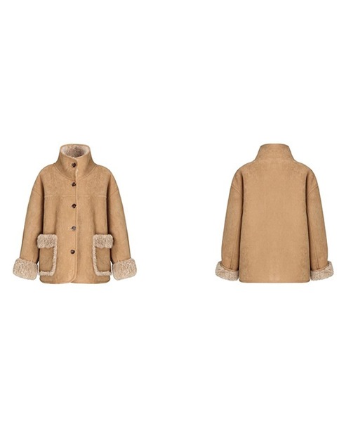 セール】スタンドカラー フェイクファーラペル ムートンジャケット