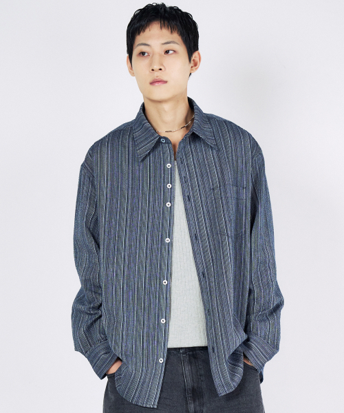 SLOWACID（スローアシッド）の「ストライプボタンシャツ [ネイビー]（シャツ/ブラウス・レディース・その他・LARGE/SMALL/MEDIUM）」の2枚目の写真