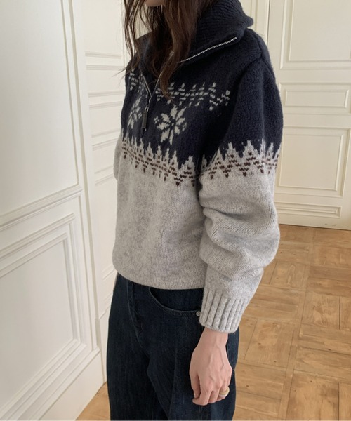 ノルディック柄ハーフZIPハイネックふんわりニット（ニット/セーター